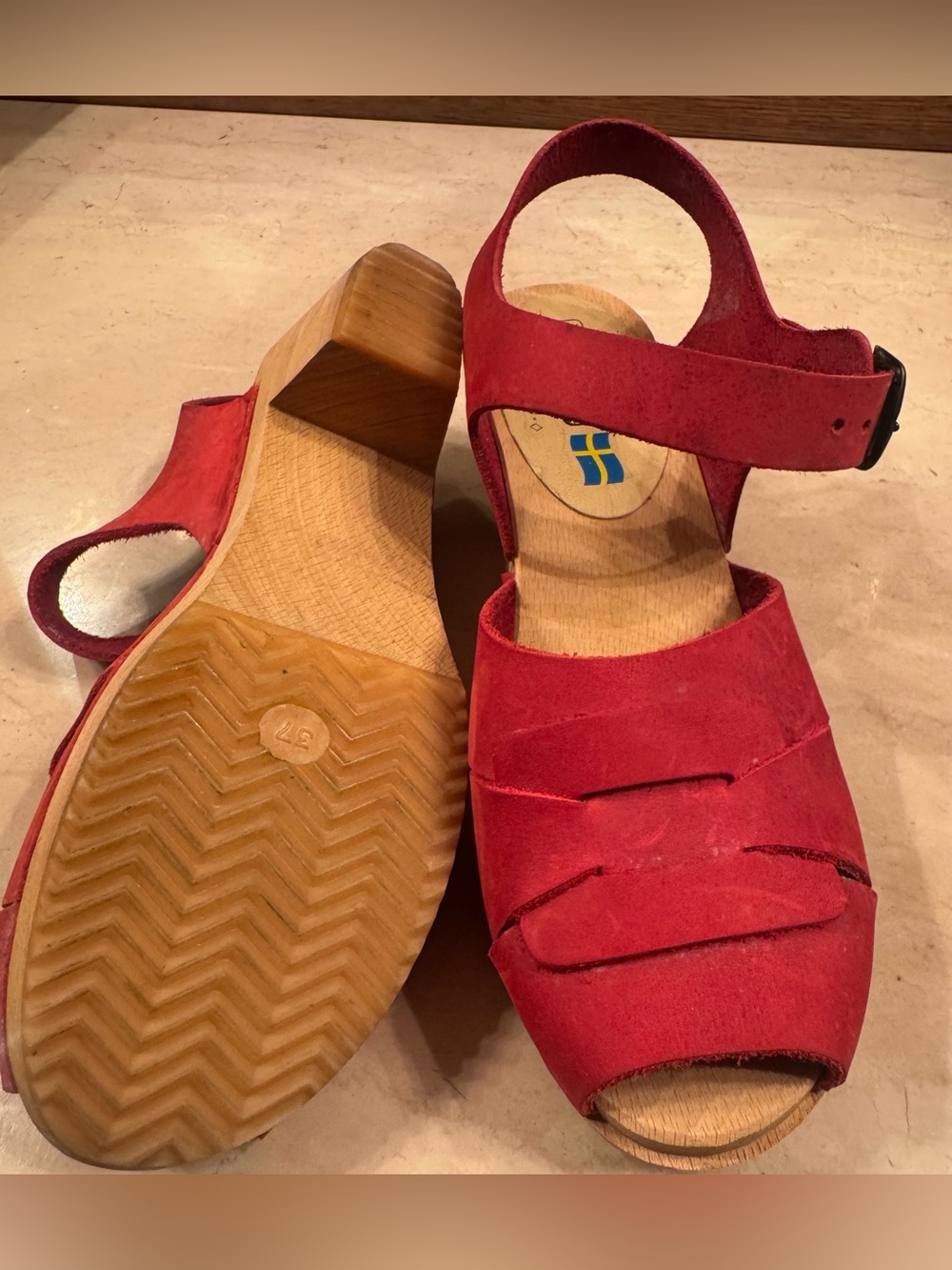 Red Suede Wooden Wedge Sandals - Swedish Design